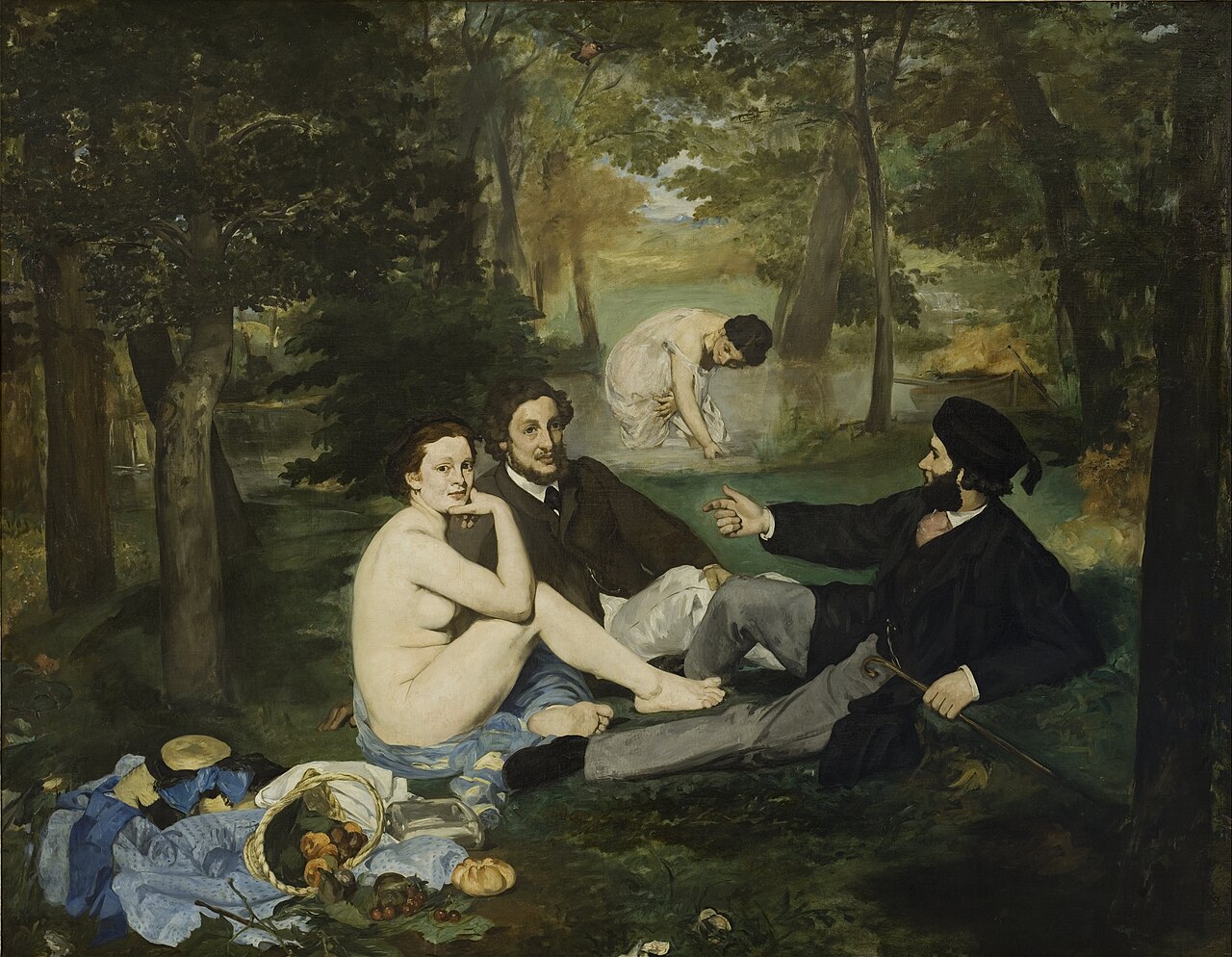 El almuerzo sobre la hierba de Édouard Manet, 1863, escena campestre con figuras vestidas y una mujer desnuda