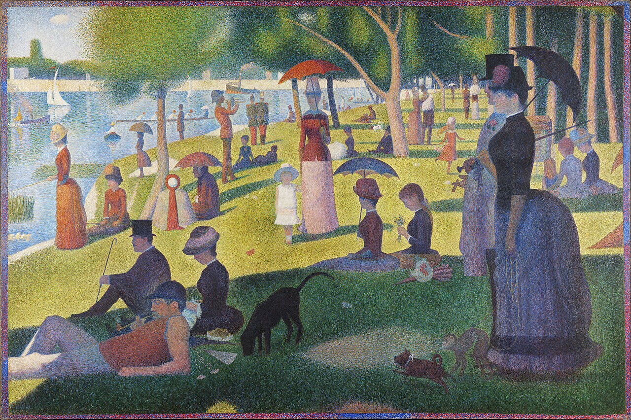 Tarde de domingo en la isla de la Grande Jatte de Seurat, escena puntillista de figuras en un parque junto al río