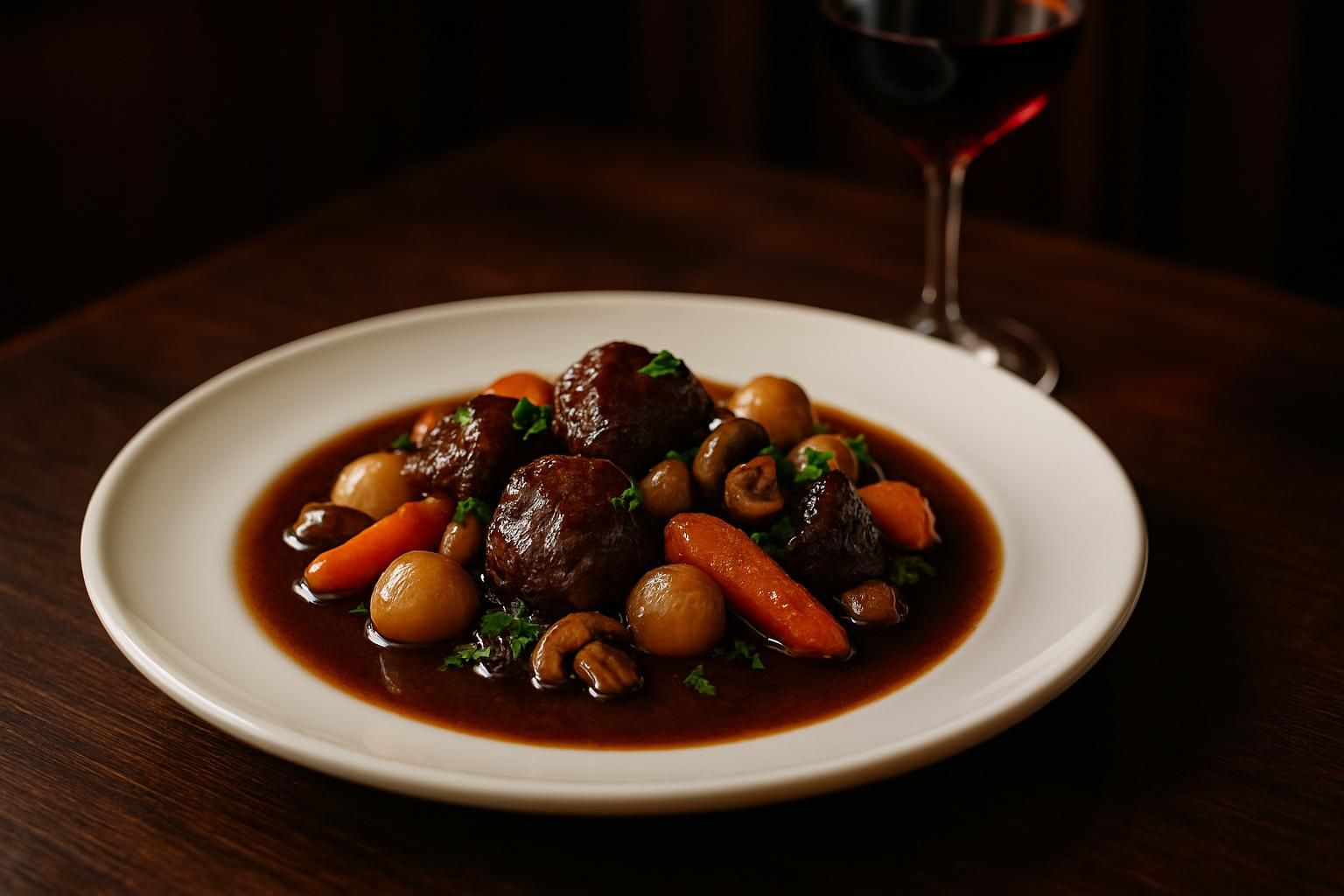Plato de bœuf bourguignon emplatado al estilo de un bistró francés