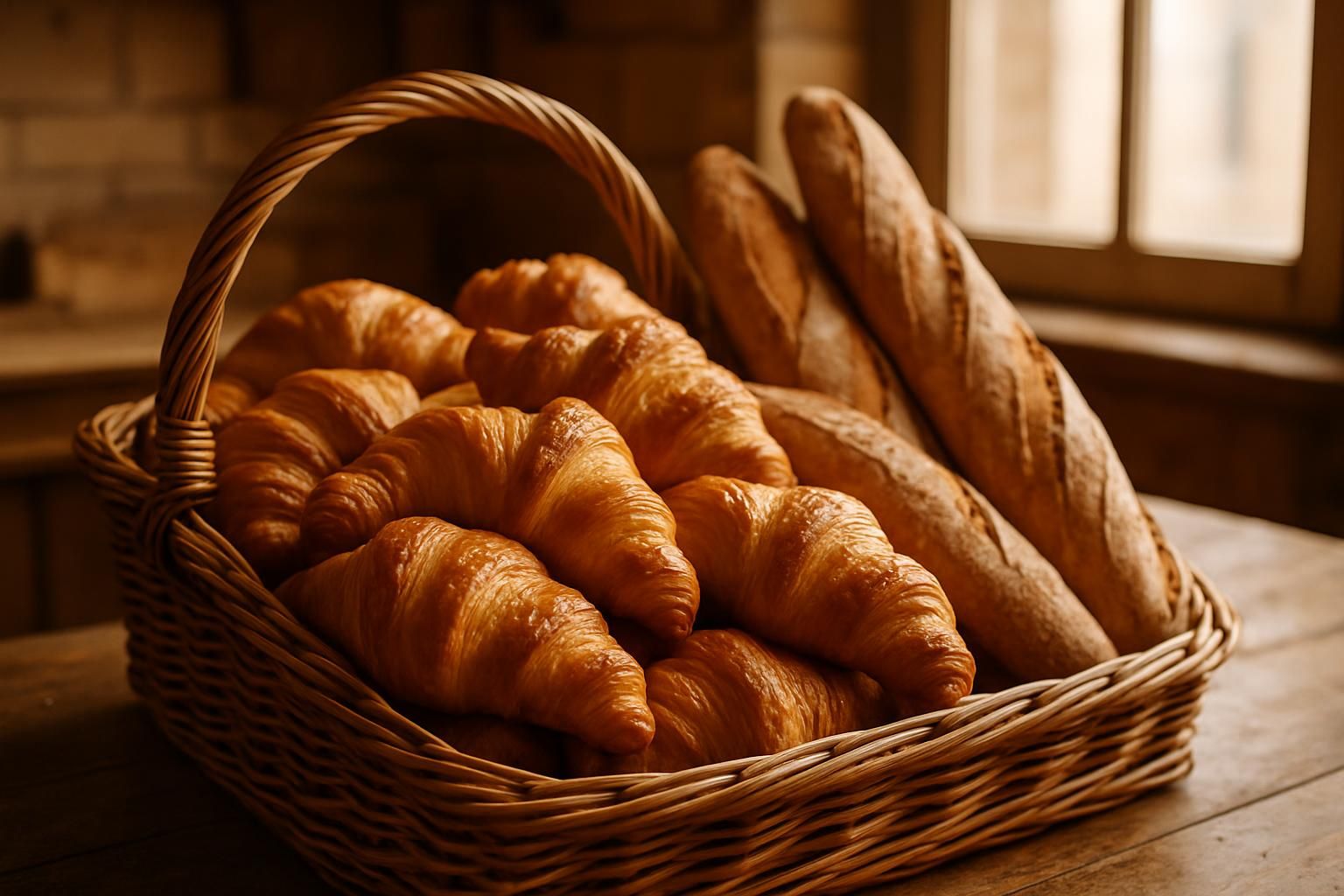 Cesta de croissants dorados y baguettes recién horneadas en una panadería francesa