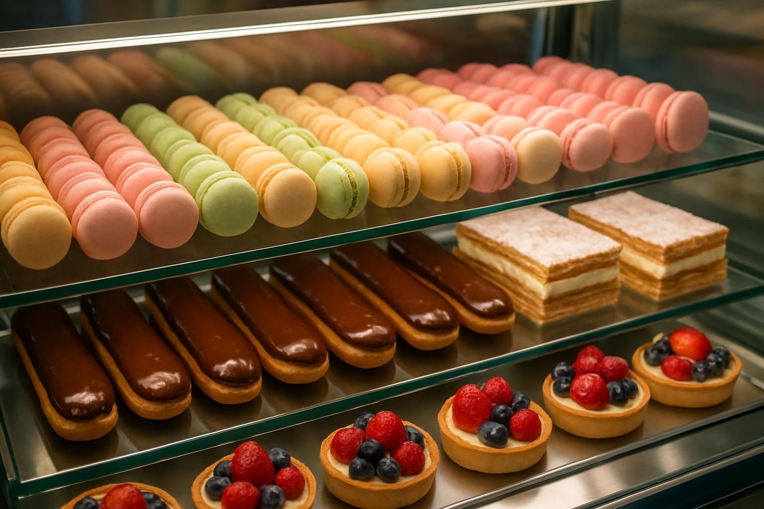 Macarons de colores y pasteles franceses en la vitrina de una pastelería