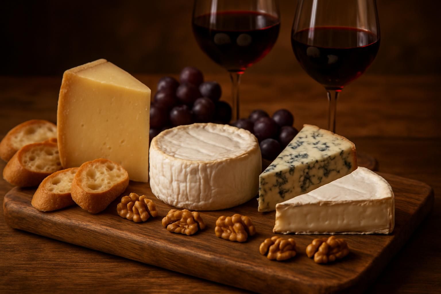 Tabla de quesos franceses variados con copas de vino tinto