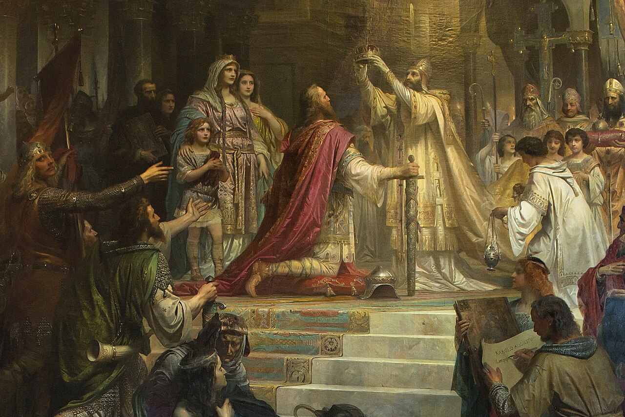 Pintura de la coronación de Carlomagno como emperador por el papa en el año 800