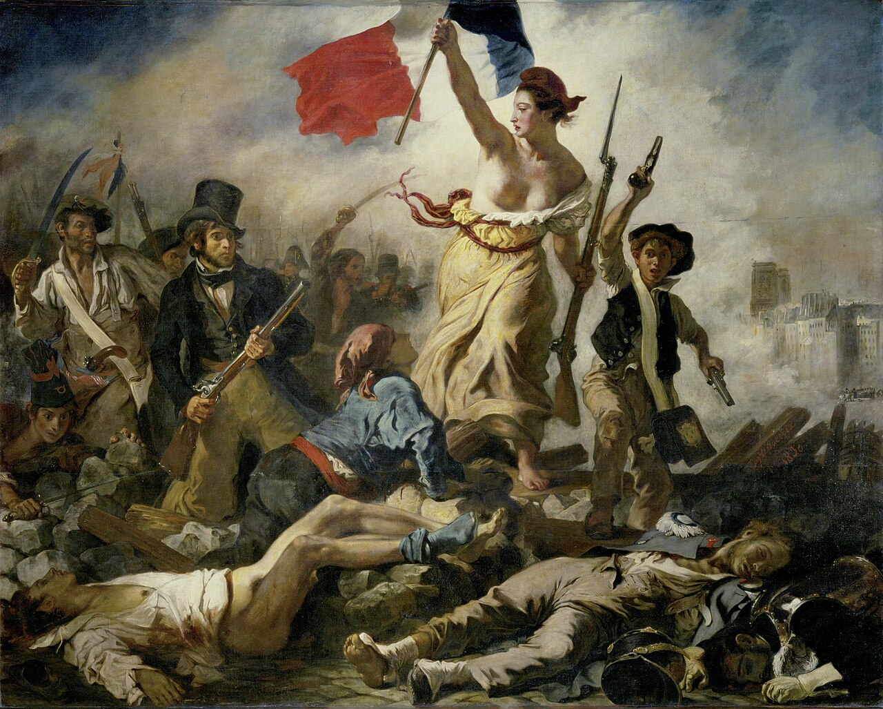 Cuadro La Libertad guiando al pueblo de Delacroix, con la figura femenina y la bandera tricolor