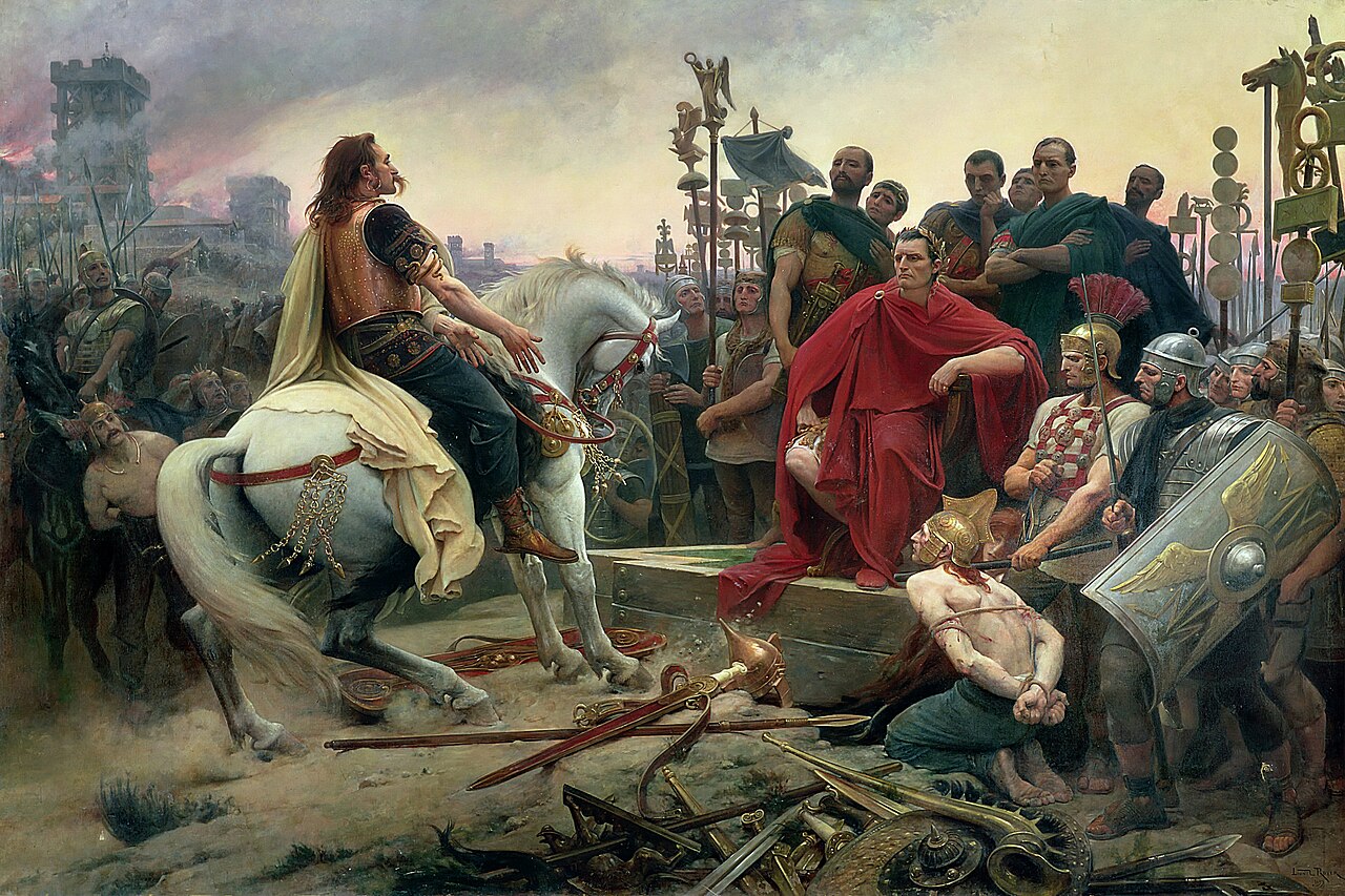 Pintura de Vercingétorix rindiéndose a caballo ante Julio César tras la batalla de Alesia