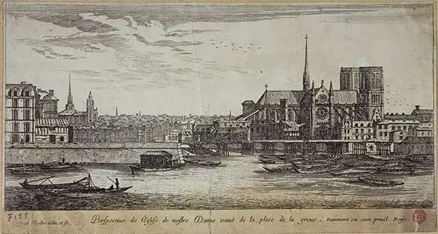 Grabado histórico de la Catedral de Notre Dame de París hacia 1665