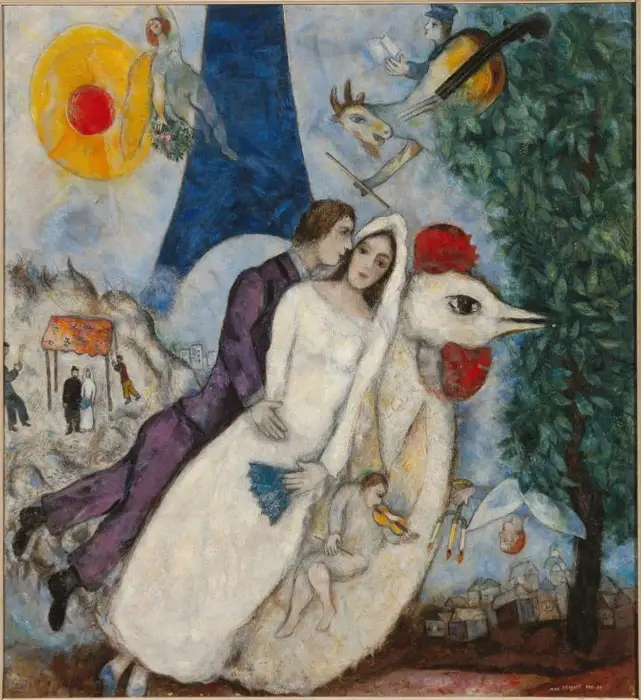 Los novios de la Torre Eiffel de Marc Chagall, óleo sobre lienzo de 1938-1939