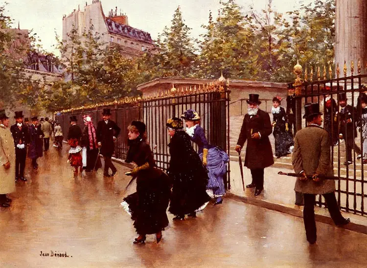 Cuadro de Jean Béraud 'Sortant de la Madeleine' mostrando la vida parisina frente a la iglesia