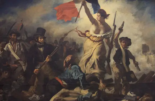 La Libertad guiando al pueblo de Eugene Delacroix, cuadro emblematico del Romanticismo frances en el Louvre