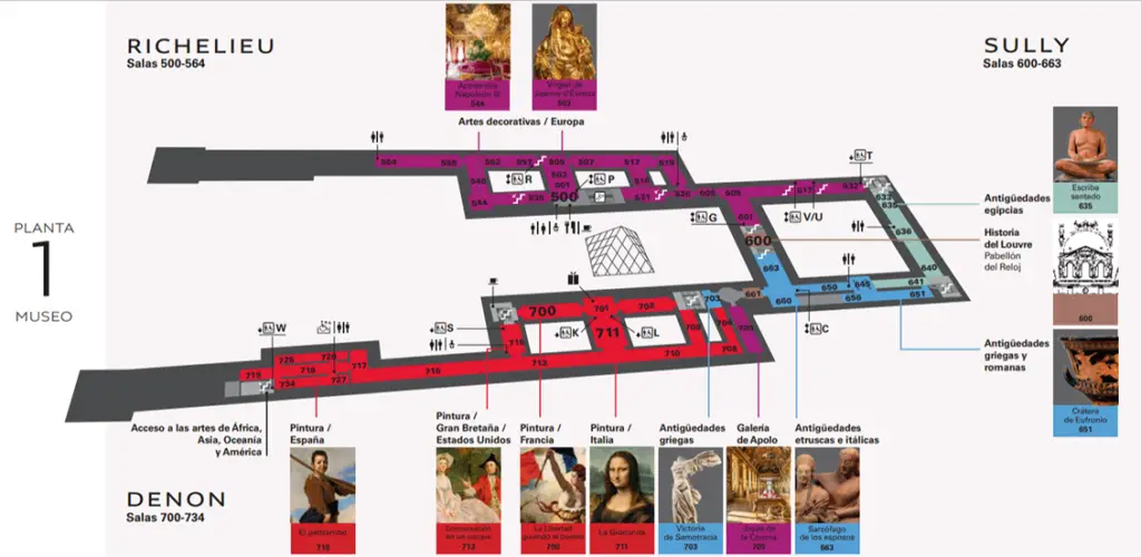Plano del primer piso del Museo del Louvre con la ubicacion de la Mona Lisa, La Libertad y las Bodas de Cana