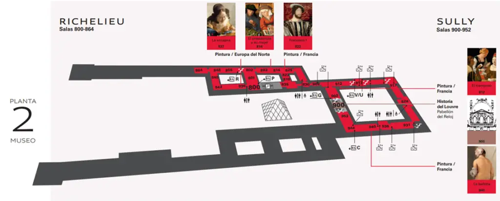 Plano del segundo piso del Museo del Louvre con las galerias de pintura francesa y flamenca