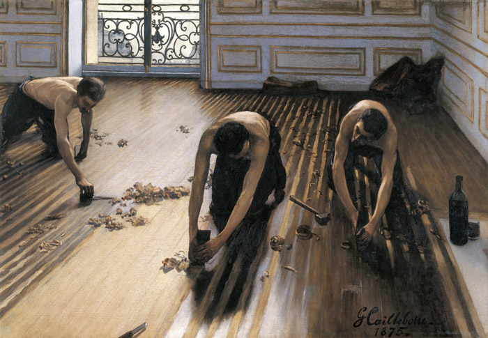 Los cepilladores de parqué de Gustave Caillebotte, tres trabajadores cepillando un suelo de madera