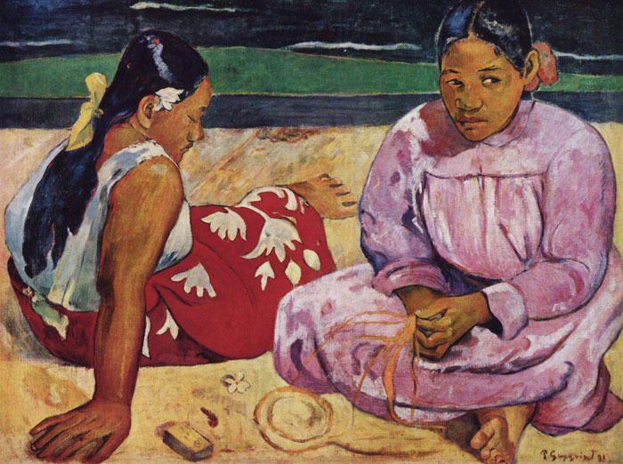 Mujeres de Tahití de Paul Gauguin, dos mujeres tahitianas sentadas en la playa con colores vivos