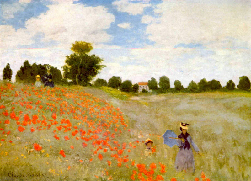 Las amapolas de Claude Monet, campo de amapolas rojas en Argenteuil con figuras paseando