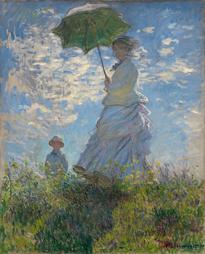 Mujer con sombrilla de Claude Monet, silueta femenina de espaldas contra un cielo luminoso