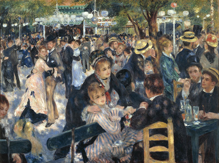 Baile en el Moulin de la Galette de Renoir, escena festiva al aire libre en Montmartre