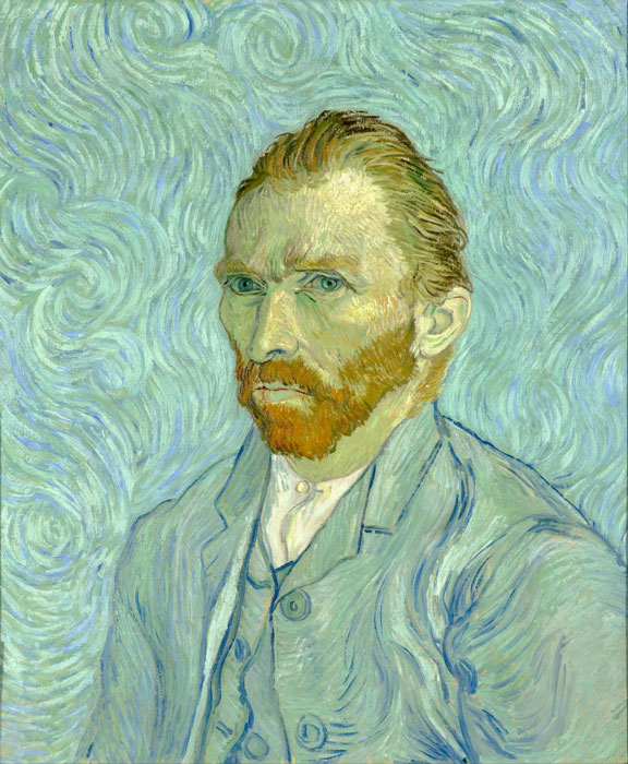 Autorretrato de Vincent van Gogh sobre fondo de remolinos azulados, expresión grave e intensa