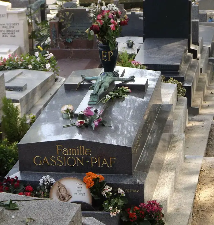 Tumba de Edith Piaf siempre cubierta de flores en el cementerio Père-Lachaise de París