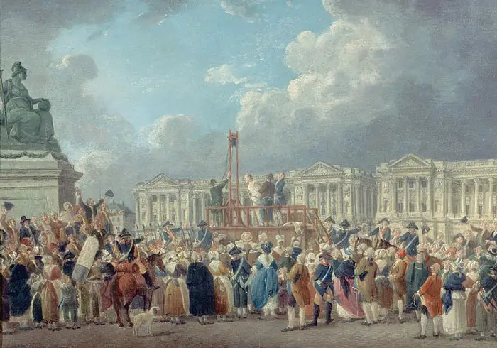 Ilustración histórica de la guillotina en la Place de la Révolution durante la Revolución Francesa