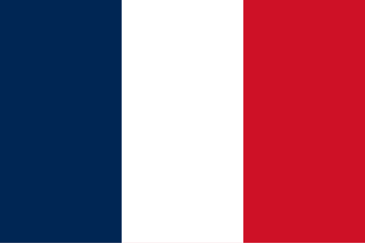 Bandera de Francia tricolor con franjas verticales azul, blanca y roja
